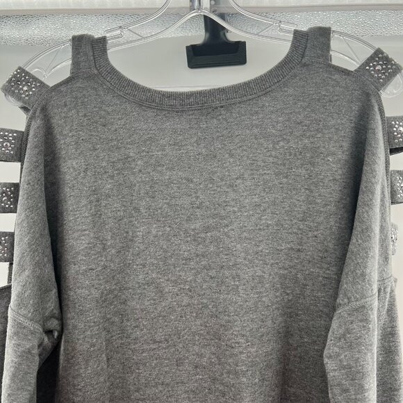 VENUS V-Neck Pullover Sweatshirt Long Cut Out Sleeve Gray Size Large Rhinestones - Picture 6 of 9